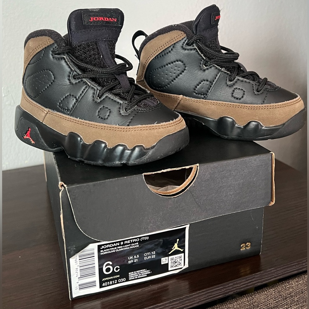 Toddler Jordan Retro 9’s, Olive’s green, size 6C